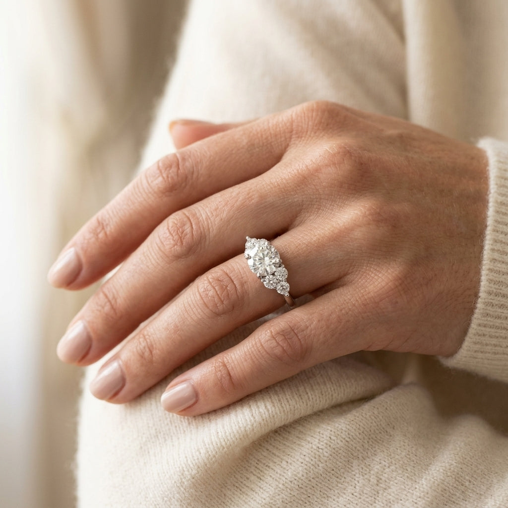 ENGAGEMENT RINGS CLUSTER SIDES - worn lifestyle photo
