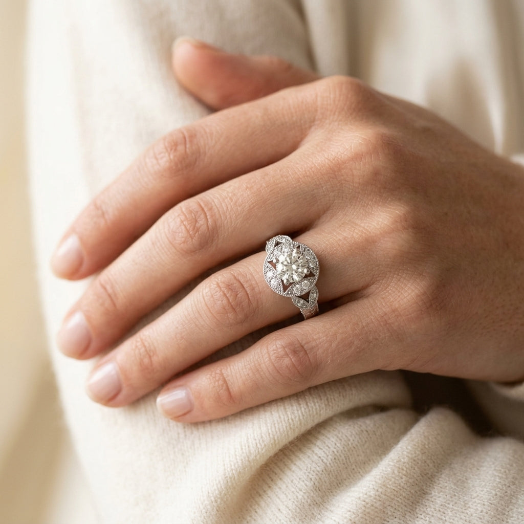 Round Vintage Lab Grown Diamond Engagement Ring - Style 84427 - worn lifestyle photo