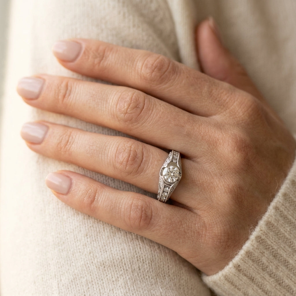 Round Vintage Lab Grown Diamond Engagement Ring - Style 84538 - worn lifestyle photo