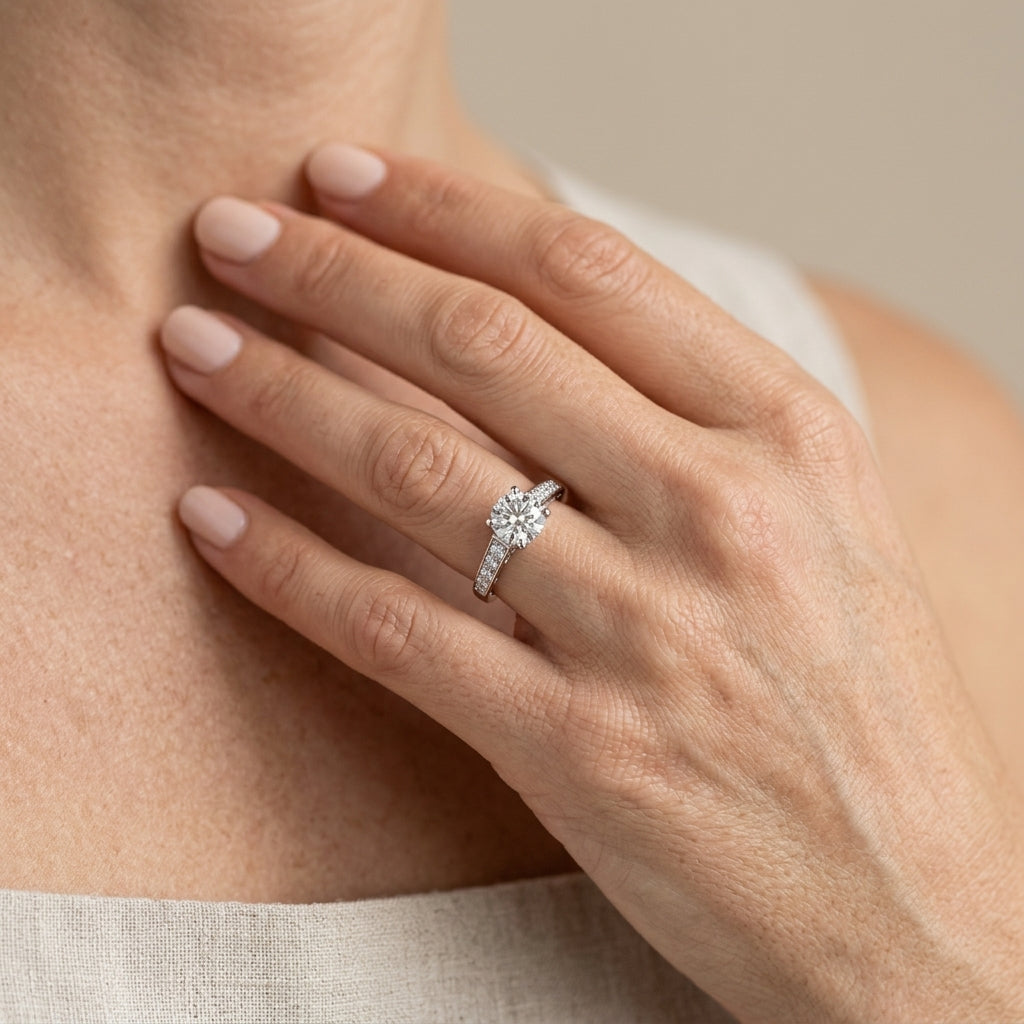 Round Lab Grown Diamond Engagement Ring - Style 84768 - worn lifestyle photo