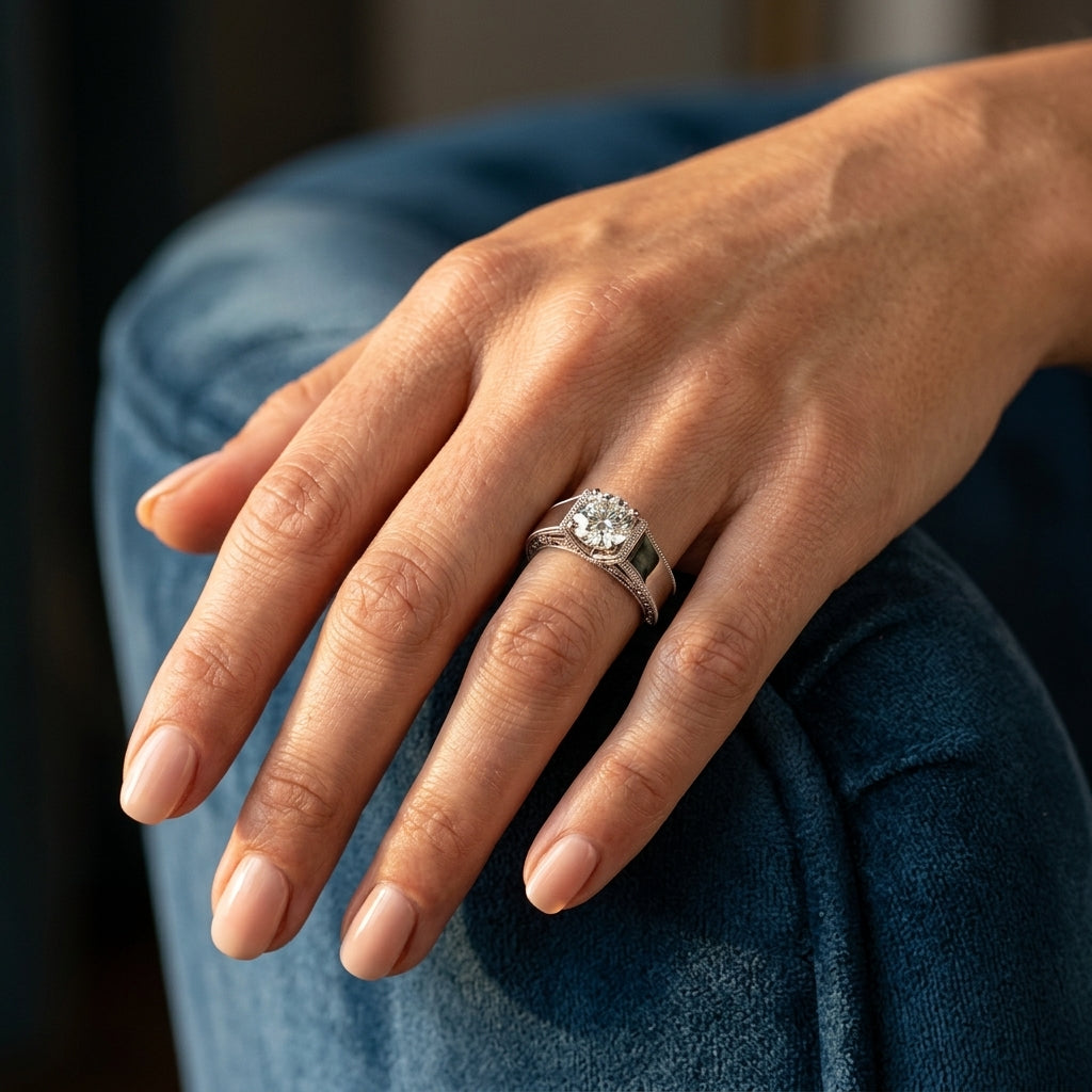 Solitaire Filigree Engagement Ring - worn lifestyle photo