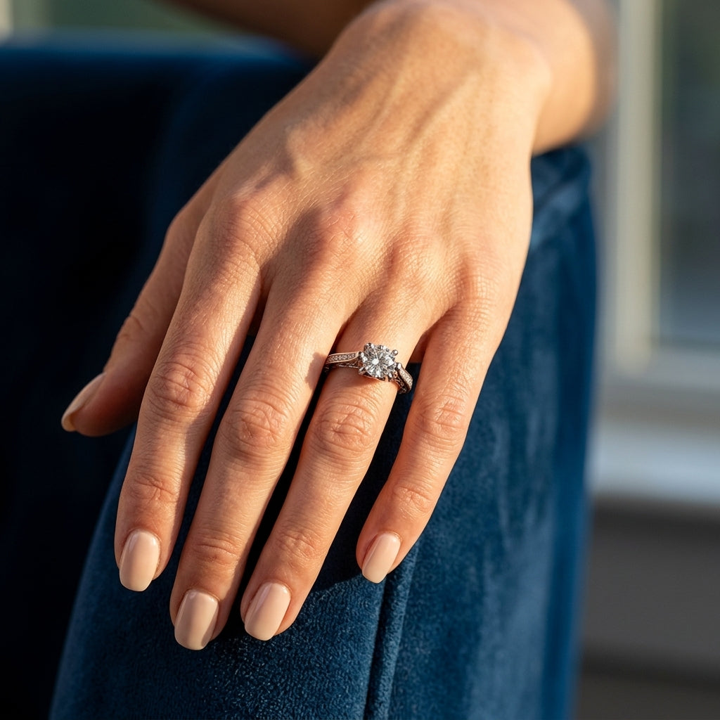 Round Vintage Lab Grown Diamond Engagement Ring - Style 83895 - worn lifestyle photo