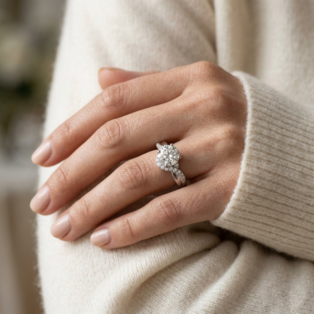 Bypass Peg Head Engagement Ring - worn lifestyle photo