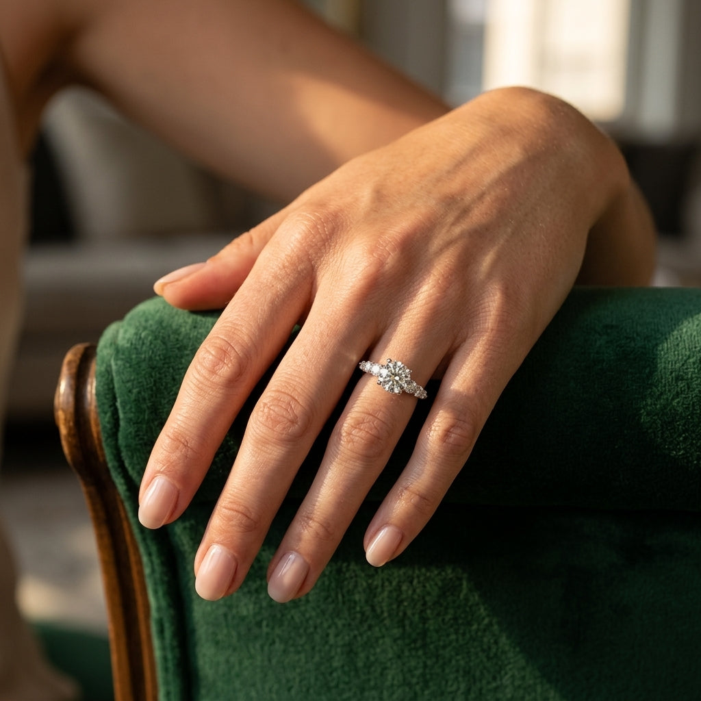 Bypass Peg Head Engagement Ring - worn lifestyle photo
