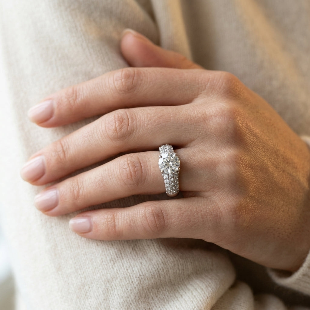 Round Pavé Lab Grown Diamond Engagement Ring - Style 50381 - worn lifestyle photo