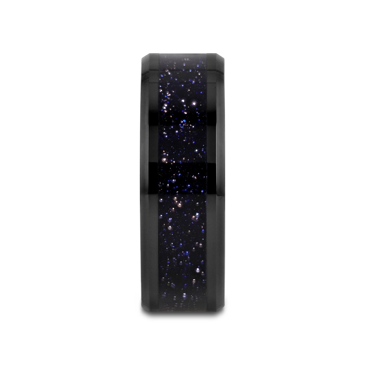 MELO Black Ceramic Beveled Polished Men’s Wedding Band with Purple Goldstone Inlay - 8mm
