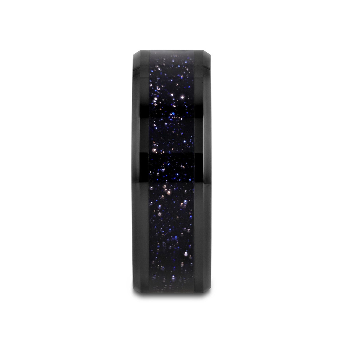 MELO Black Ceramic Beveled Polished Men’s Wedding Band with Purple Goldstone Inlay - 8mm