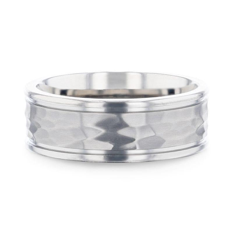 WILLIAM Hammered Finish Center White Titanium Men's Wedding Band With Dual Offset Grooves And Polished Edges - 8mm