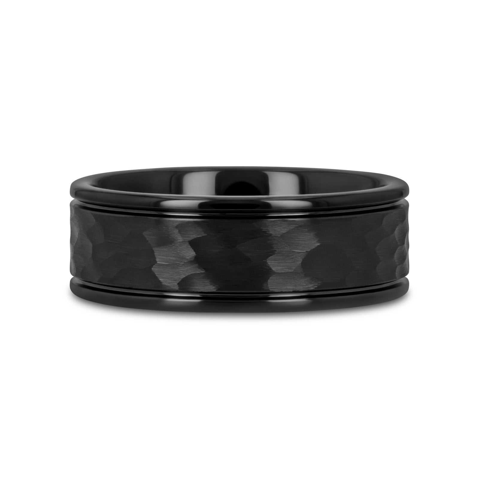 JOINER Hammered Finish Center Black Tungsten Carbide Wedding Band with Dual Offset Grooves and Polished Edges - 6mm or 8