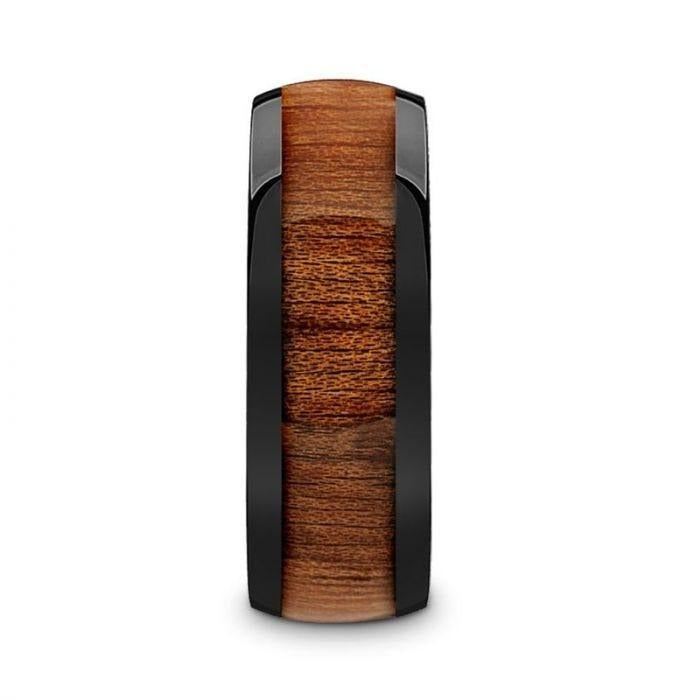 MABINI Black Ceramic Mahogany Wood Inlaid Men’s Domed Wedding Band with Polished Finish - 8mm