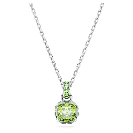 Birthstone pendant Square cut, August, Green, Rhodium plated