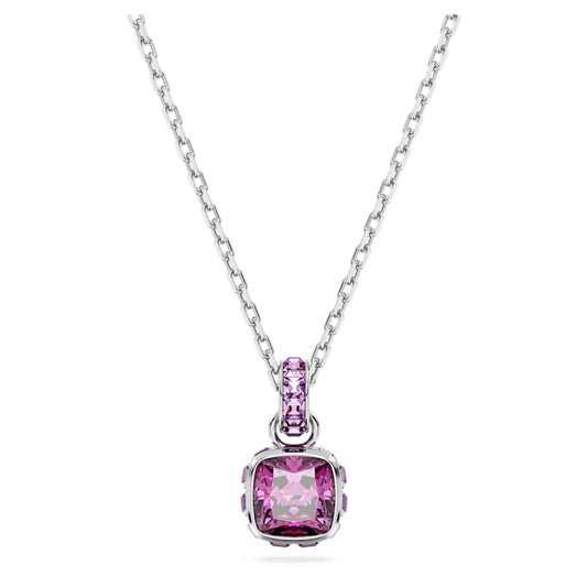 Birthstone pendant Square cut, February, Purple, Rhodium plated