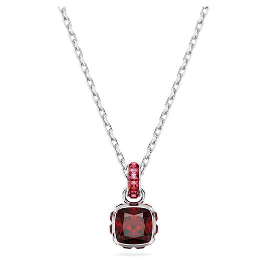 Birthstone pendant Square cut, January, Red, Rhodium plated