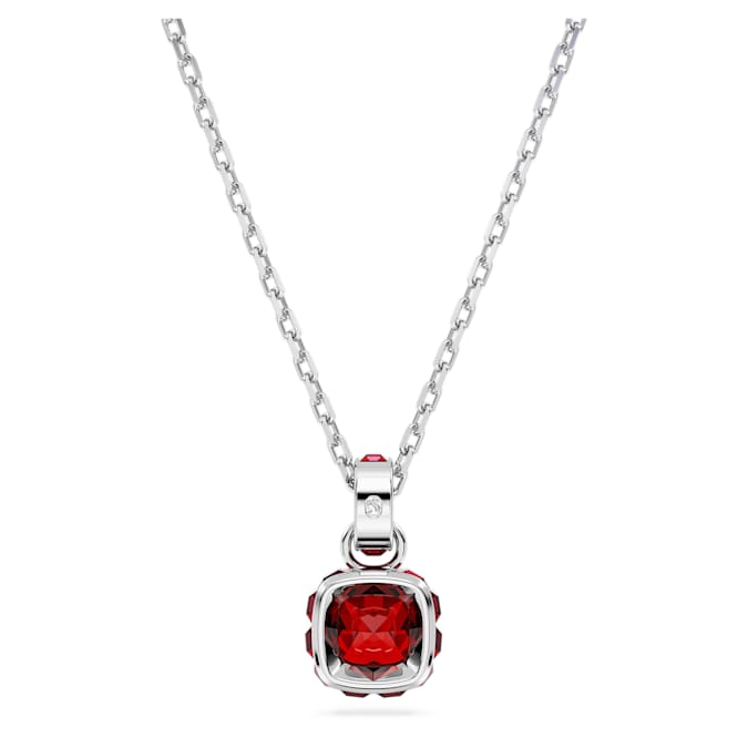 Birthstone pendant Square cut, January, Red, Rhodium plated