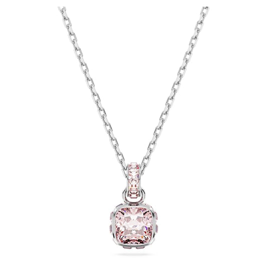 Birthstone pendant Square cut, June, Pink, Rhodium plated