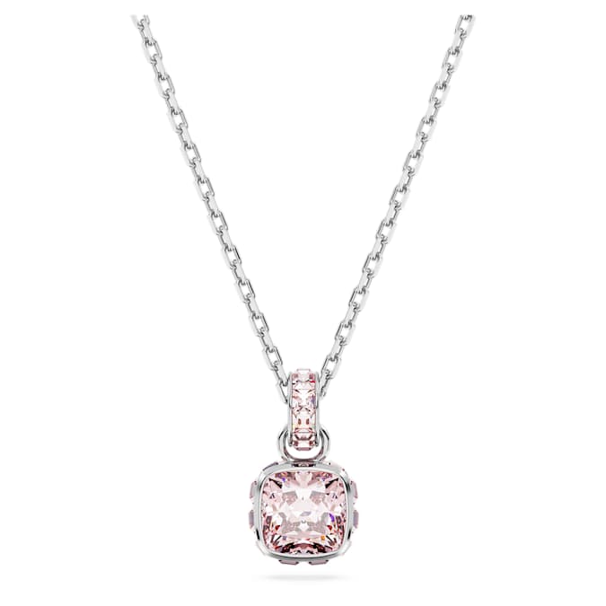 Birthstone pendant Square cut, June, Pink, Rhodium plated