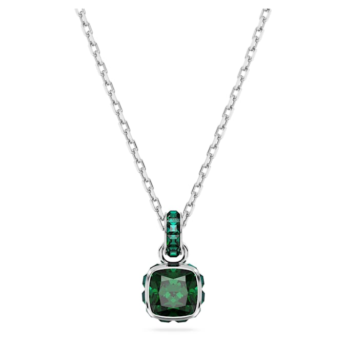 Birthstone pendant Square cut, May, Green, Rhodium plated