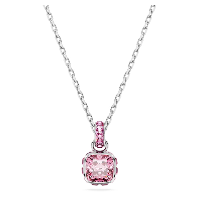 Birthstone pendant Square cut, October, Pink, Rhodium plated