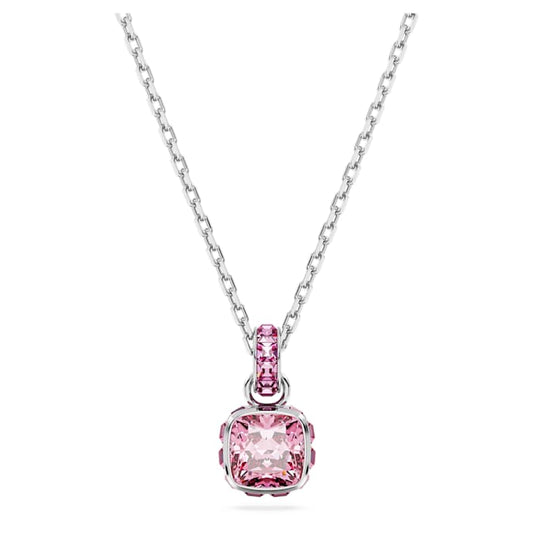 Birthstone pendant Square cut, October, Pink, Rhodium plated