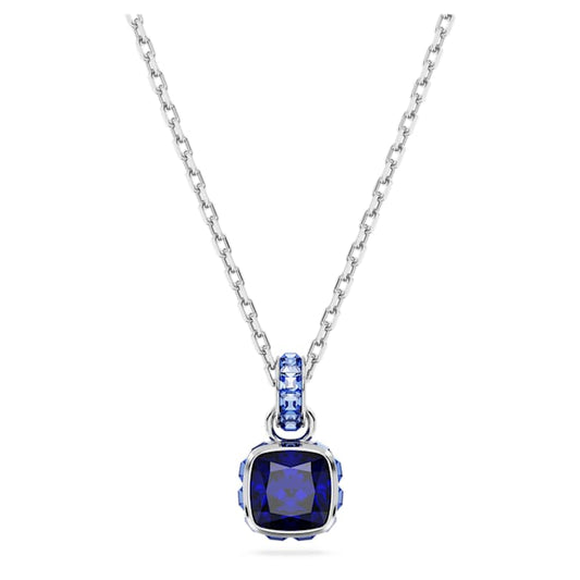 Birthstone pendant Square cut, September, Blue, Rhodium plated