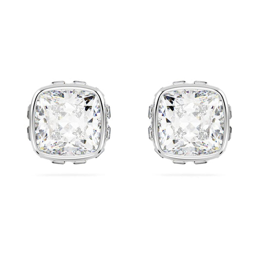Birthstone stud earrings Square cut, April, White, Rhodium plated