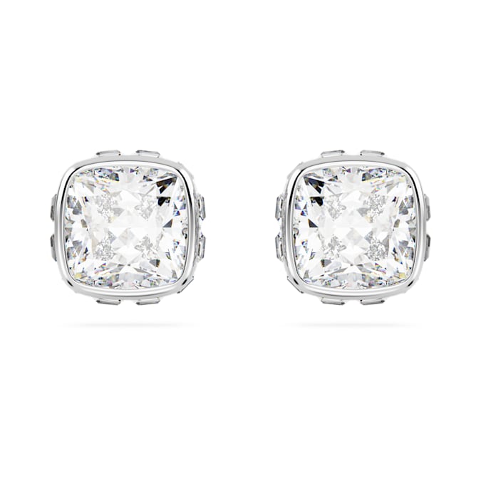 Birthstone stud earrings Square cut, April, White, Rhodium plated