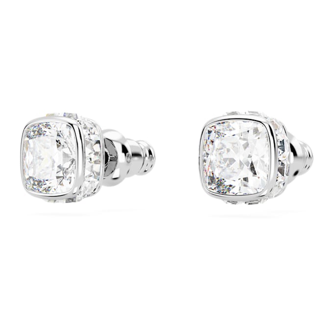 Birthstone stud earrings Square cut, April, White, Rhodium plated