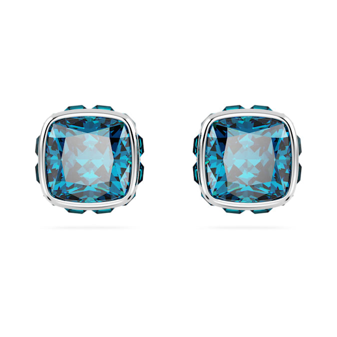 Birthstone stud earrings Square cut, December, Blue, Rhodium plated