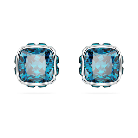 Birthstone stud earrings Square cut, December, Blue, Rhodium plated