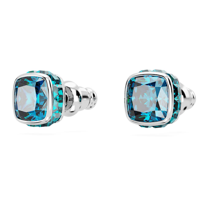 Birthstone stud earrings Square cut, December, Blue, Rhodium plated