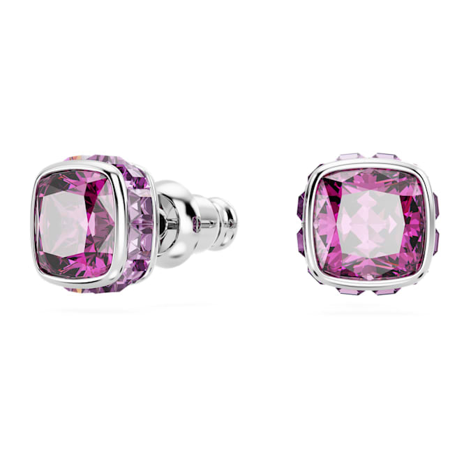 Birthstone stud earrings Square cut, February, Purple, Rhodium plated