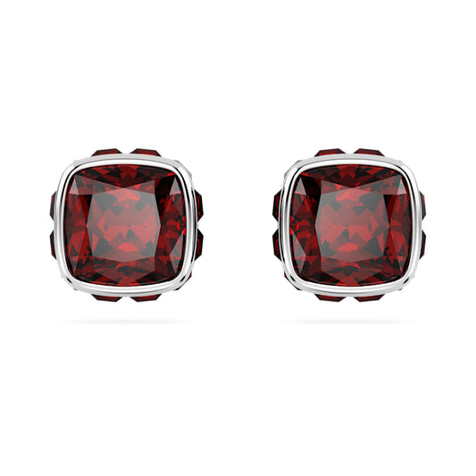 Birthstone stud earrings Square cut, January, Red, Rhodium plated
