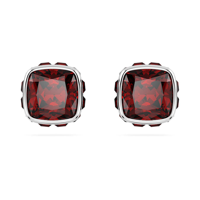 Birthstone stud earrings Square cut, January, Red, Rhodium plated