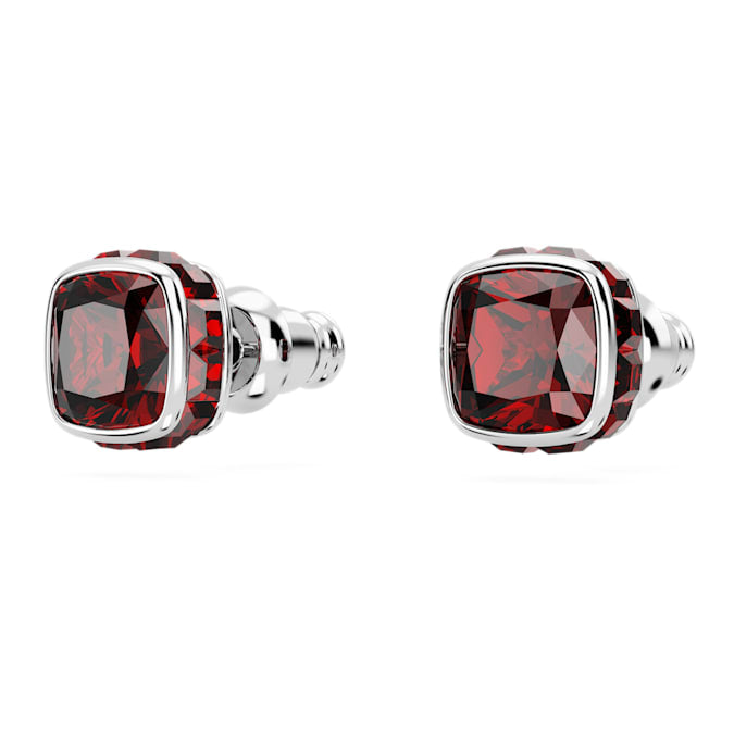 Birthstone stud earrings Square cut, January, Red, Rhodium plated