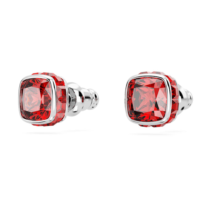 Birthstone stud earrings Square cut, July, Red, Rhodium plated