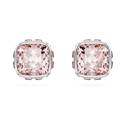 Birthstone stud earrings Square cut, June, Pink, Rhodium plated
