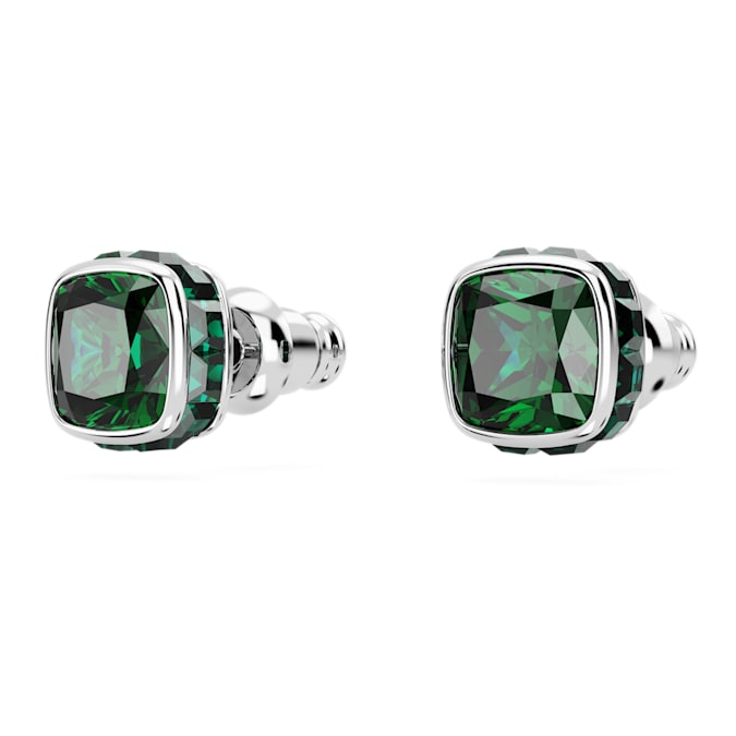 Birthstone stud earrings Square cut, May, Green, Rhodium plated