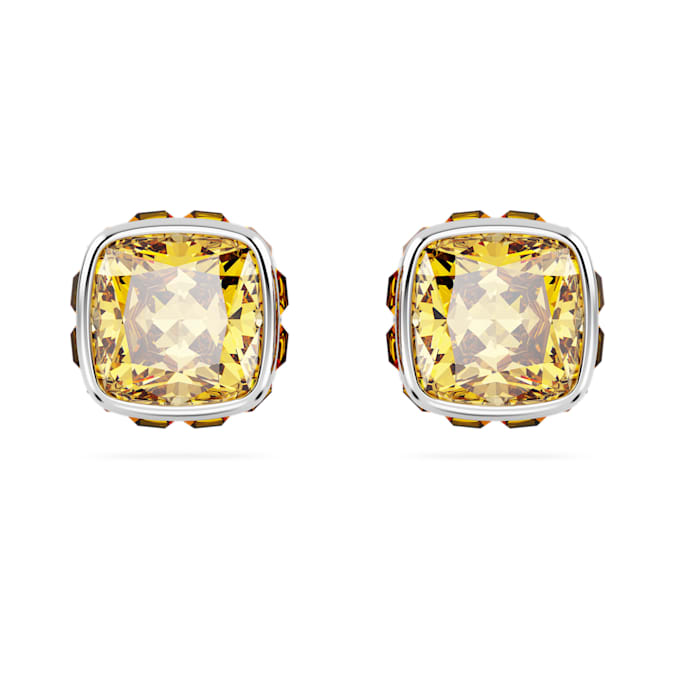 Birthstone stud earrings Square cut, November, Yellow, Rhodium plated