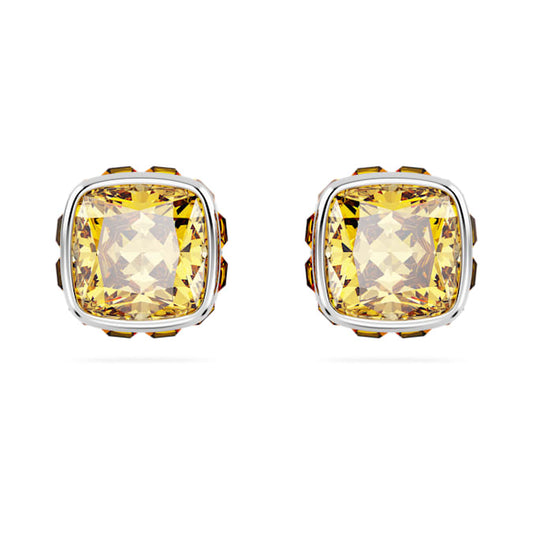 Birthstone stud earrings Square cut, November, Yellow, Rhodium plated