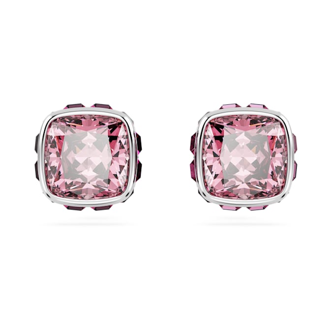 Birthstone stud earrings Square cut, October, Pink, Rhodium plated