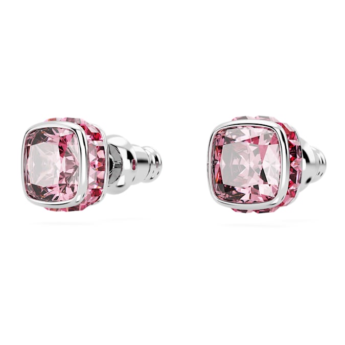 Birthstone stud earrings Square cut, October, Pink, Rhodium plated