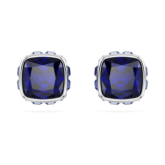 Birthstone stud earrings Square cut, September, Blue, Rhodium plated