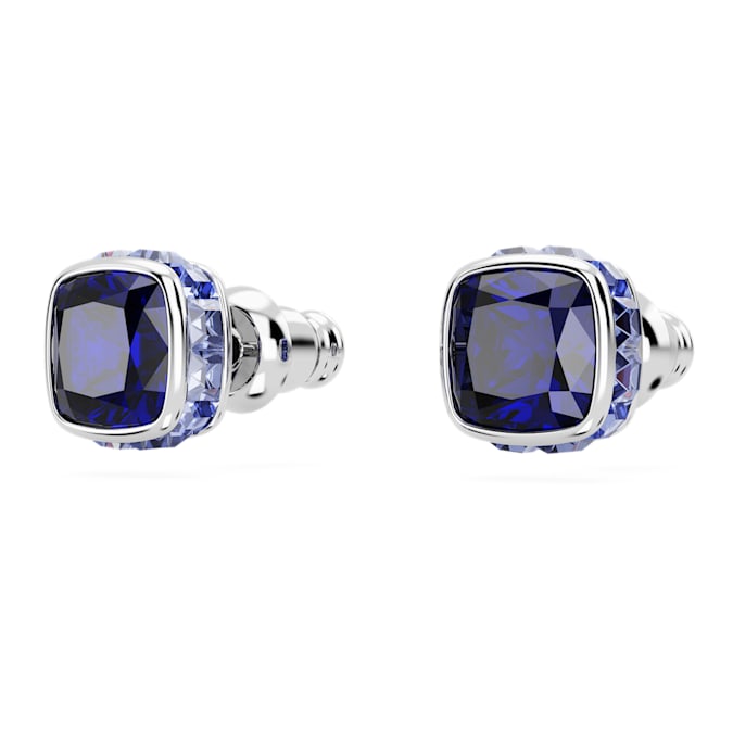 Birthstone stud earrings Square cut, September, Blue, Rhodium plated