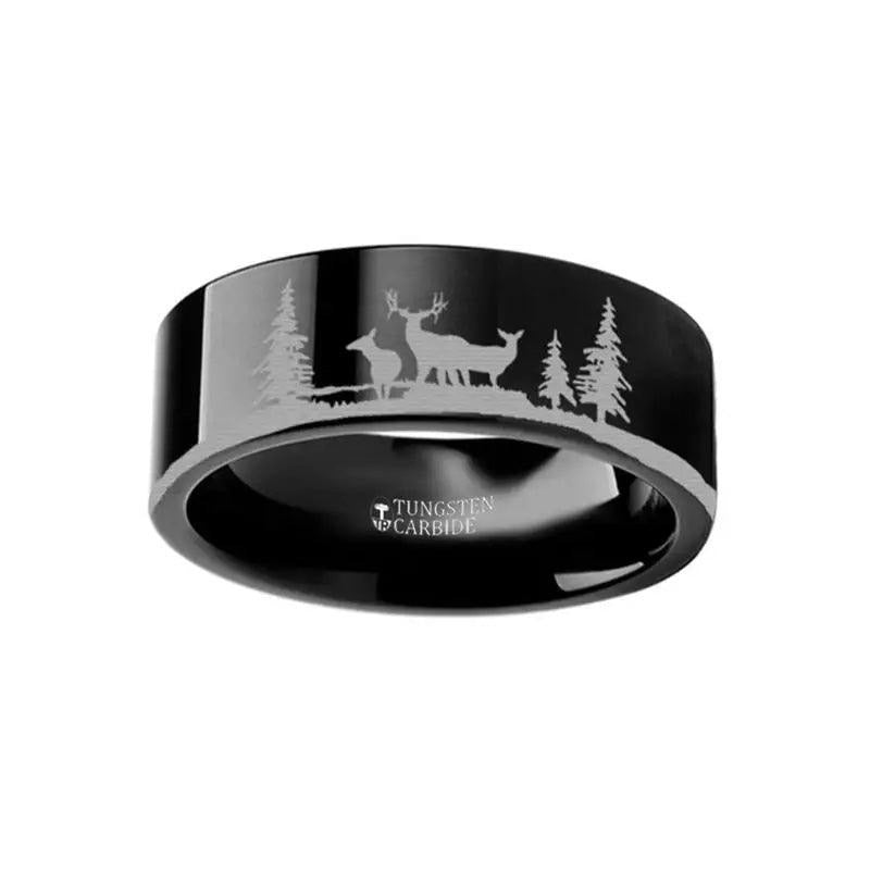 Animal Landscape Scene Reindeer Deer Stag Engraved Flat Black Tungsten Ring - 4mm - 12mm - 8mm
