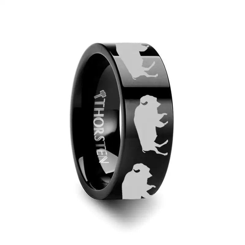 Animal Silhouette Buffalo Engraved Flat Black Tungsten Ring - 4mm - 12mm - 6mm