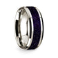 14k White Gold Polished Beveled Edges Wedding Ring with Purple Goldstone Inlay - 8 mm