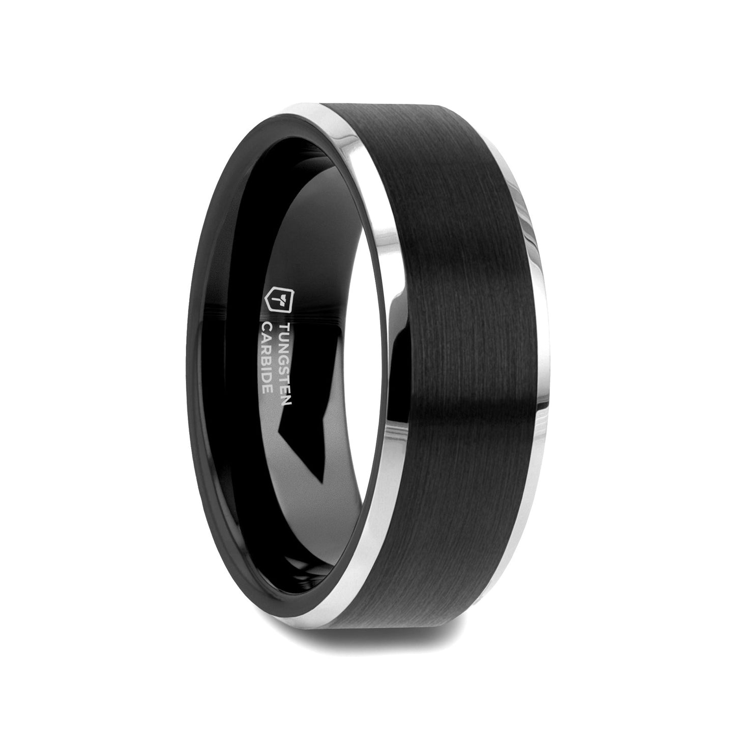 ASTON Black Brushed Center Tungsten Ring with Polished Beveled Edges - 4mm - 10mm - 8mm