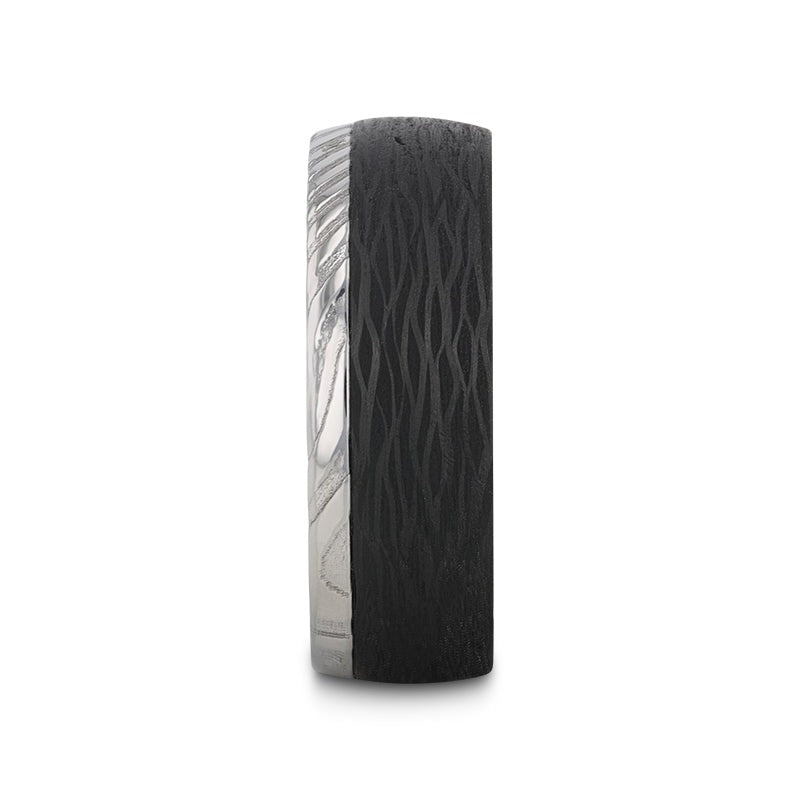 HUDSON Damascus Steel Ring with Wave Pattern Carbon Fiber - 8mm
