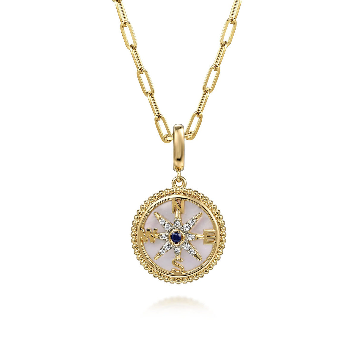 Gabriel & Co. 14K Yellow Gold 18mm Bujukan Diamond Compass Mother of Pearl Medallion Pendant