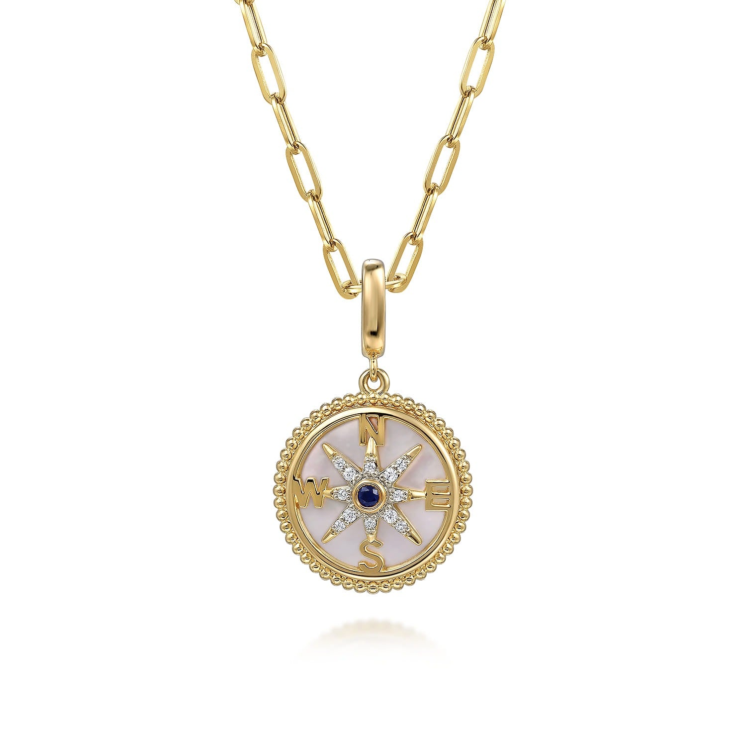 Gabriel & Co. 14K Yellow Gold 18mm Bujukan Diamond Compass Mother of Pearl Medallion Pendant